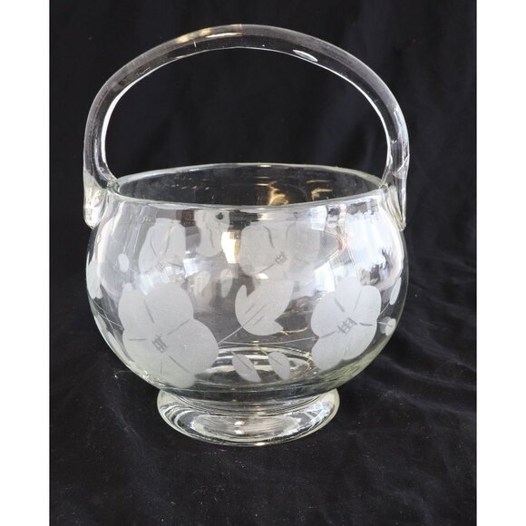 Vtg Crystal Bulbous Basket With Handle Frosted Etched Flowers And Leaves - Picture 2 of 5